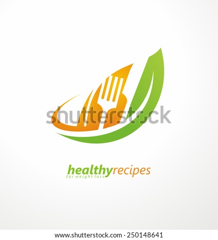 Vegetarian food symbol. Leaf shape with knife and fork in negative space. Creative logo design concept for healthy food. Vector icon illustration.