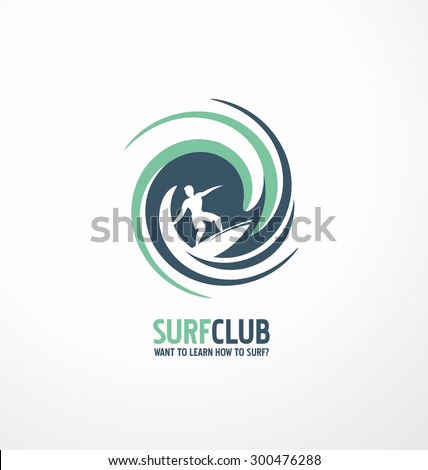 Surfing club logo design layout. Creative symbol concept with ocean wave and surfer in negative space, Surf board sport theme icon.