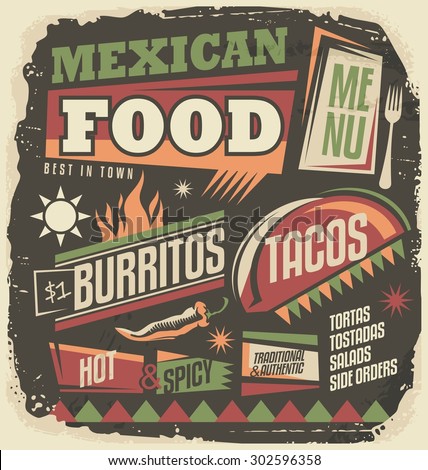 Mexican restaurant funky menu design concept. Retro Mexican food design elements collection. Vintage poster with tacos and burritos on old paper texture. No gradients and effects, just a fill colors.