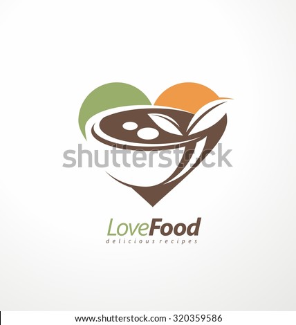 Food and restaurant logo design idea. Heart shape with food dish in negative space. Kitchen and cooking creative symbol template. Organic food products vector icon template on light background.