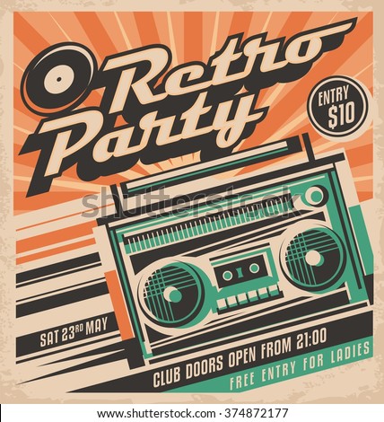 Retro party vector poster design concept. Disco music event at night club, vintage party invitation template. Unique music background theme. Cassette player.