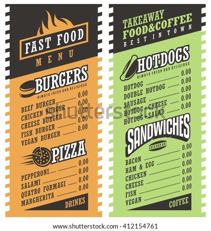 Fast food simple menu design template. Two colors vector menu design layout for fast food restaurant. Ad or flyer print concept for takeaway food delivery.
