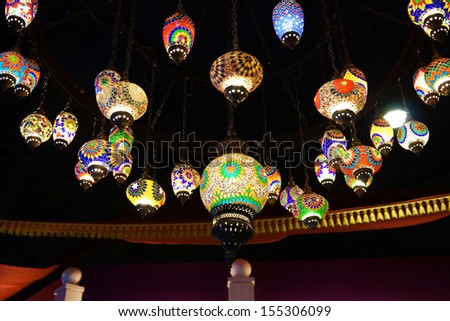 Colorful lamps on the ceiling