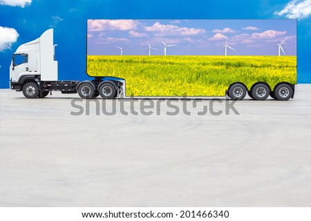 commercial delivery cargo truck container have advertising media about white wind turbines in a flower field eco power concept on blue sky background