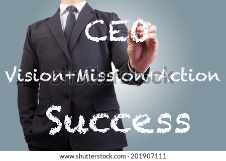 businessman writing  ceo vision mission action = success on the screen by white chalk