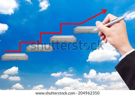 business hand writing pose and red rising arrow walking up stepping ladder on blue sky idea concept for success and growth