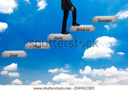 business man walking up stepping ladder on blue sky and word goal plan work stick to success idea concept step by step for success and growth business