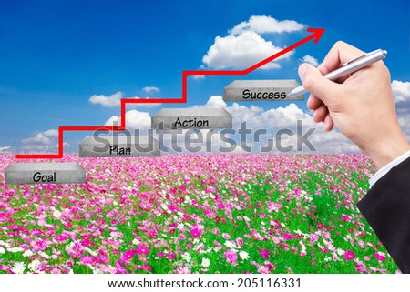 walking up stepping ladder have red rising arrow on field flower against blue sky with hand writing word goal plan action success idea concept for success and growth