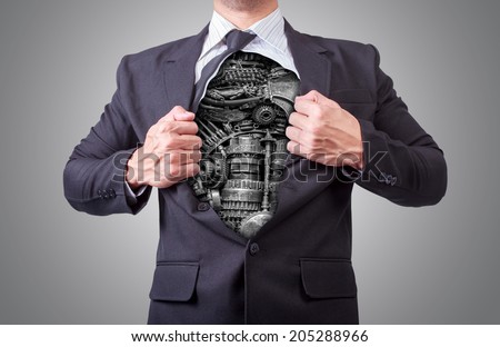 businessman acting like a super hero and tearing his shirt off showing a super hero suit underneath his suit body made from parts gears scrap metal
