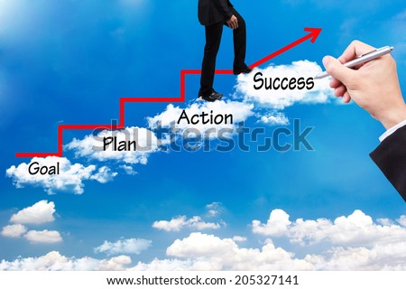 business man walking up stepping cross cloud stairs have red rising arrow on blue sky with hand writing word goal plan action success idea concept for success and growth