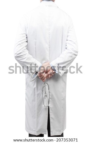 rear view image of doctors with stethoscope in a hospital pose arms crossed behind back looking at  front isolate on white background with clipping path