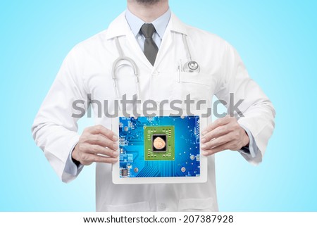 doctor presenting diagnosis brain of microprocessor with circuit board electronic components in digital tablet screen concept for medical for creative thinking