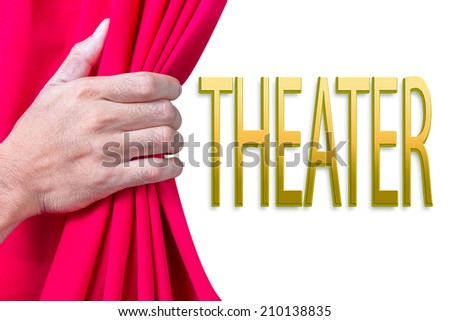hand pulling  elegant velvet curtains place for text golden success word theater as an icon of entertainment and important show announcement