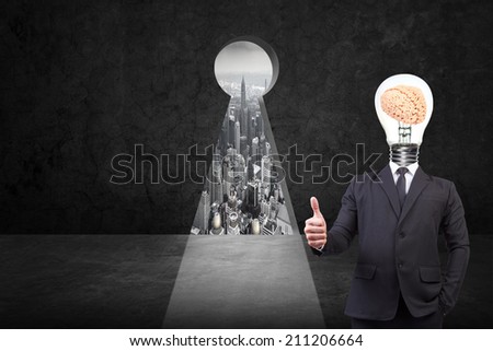businessman thumb up and head brain inside a light bulb front of keyhole on old grunge black wall against urban scene balcony over looking city dusky before rain falling