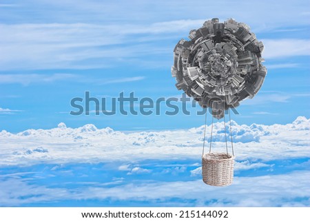 small world urban hot air fantasy balloon basket floating over blue sky and white cloud in ecology concept