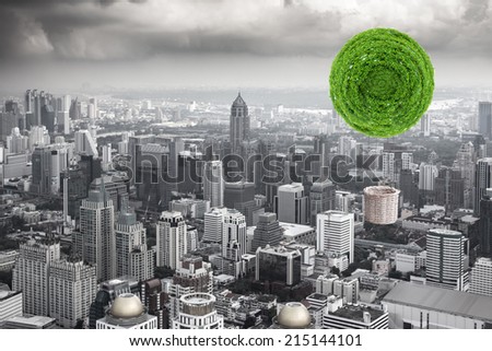 circle green tree hot air fantasy balloon basket floating over scene chaotic metropolitian in ecology concept
