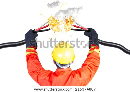 electrician connecting power cable electric shock during work