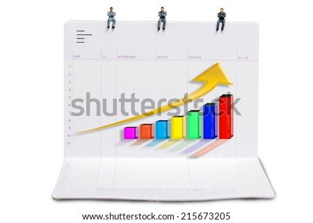 business man miniature figure sit down on passbooks and graph concept idea to success white background with clipping path