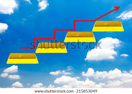 walking up gold bars stepping ladder have red rising arrow on blue sky idea concept  for success and growth