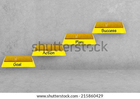 gold bars stepping ladder and word goal plan work success on transparent glass idea concept for success and growth