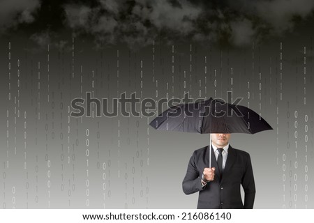 Businessman with an umbrella among binary code digital rain storm antivirus and firewall protection concept