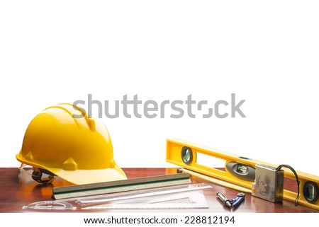 engineer working table plan building model and writing tool equipment isolated on white background with clipping path