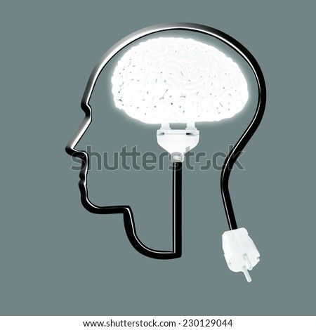 Concept of think design an powerful active intelligent human brain bulb in silhouette head of human isolated on gray background