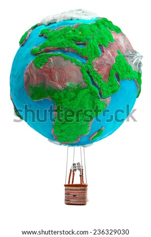 globe hot air balloon with basket in ecology concept isolate on white background with clipping path