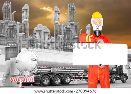 technician have brain inside a light bulb in uniform holding toolbox blank for work space at refinery oil in sunset