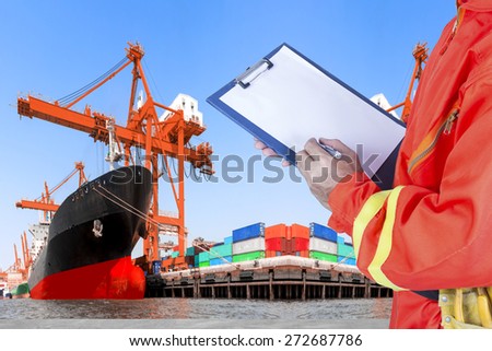 commercial ship loading container with dock worker record controlling work process in shipping port export nautical vessel transport and industry logistic