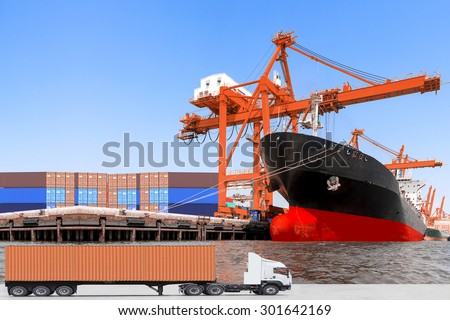 commercial delivery cargo container truck and container ship being unloaded in the harbor