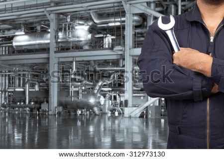 Mechanic holding wrench for maintenance at Industrial steel pipelines and boiler of power plant