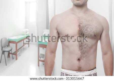 Man waxing his chest to depilate hair half body at modern spa relax