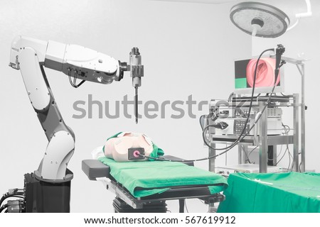 Medical robot operation involving robot performing surgery on model human Laparoscopy in operating room at modern hospital