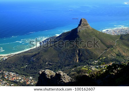 Lions Head and Cape Town, South Africa, as seen from the top of Table Mountain.