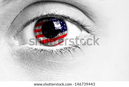 Colorful Woman Eye Macro Shot With United States of America Flag.