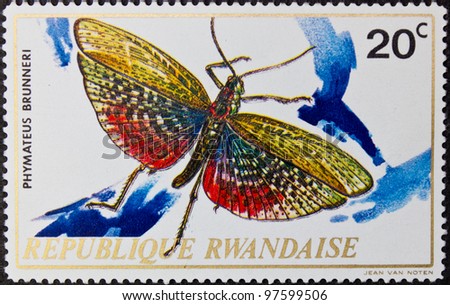 REPUBLIC RWANDA - CIRCA 1975: A stamp printed in Republic Rwanda,shows a phymateus brunneri picture, circa 1975.