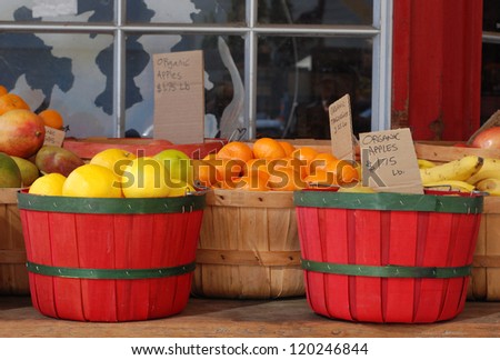 Organic produce in baskets, for sale outdoors