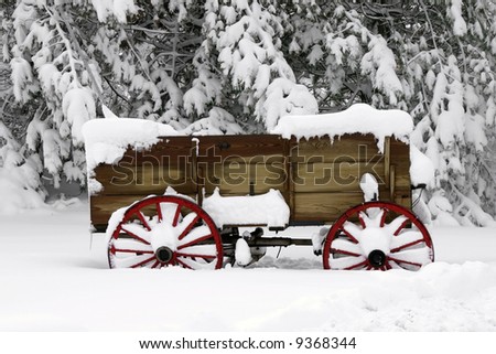 Wood wagon outside of a home in the snow