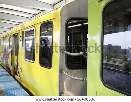 Colorful train in station