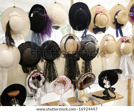Vintage ladies hats hung up in store