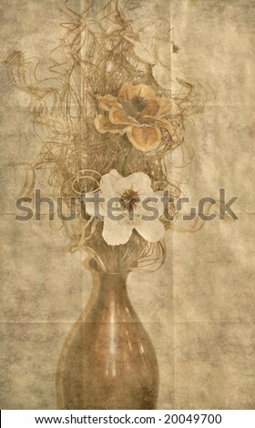 Grunge background with vase and silk flowers