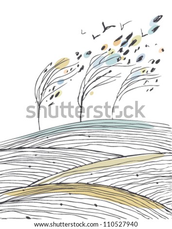 Autumn landscape with trees and fields. Leaf fall image. Wind. Birds. Rain. Nature illustration