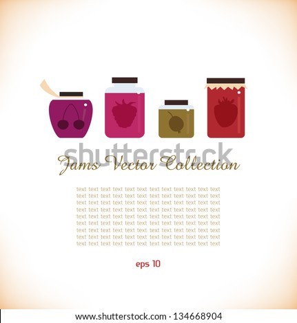 Jams vector collection. Strawberry jam. Red raspberry jam. Cherry jam. Set of different confitures. Isolated pots of jam. Jam jar