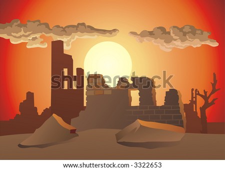 the ruins of the destroyed city on background of the evening sundown.