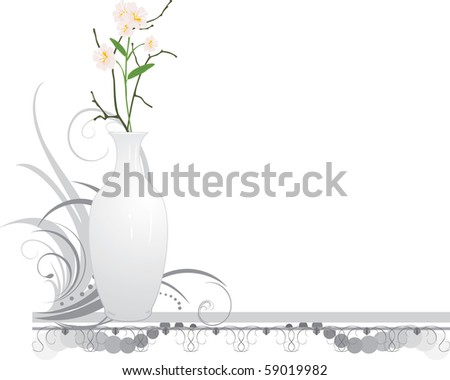 White Vase With Bouquet Of Flowers And Decorative Ornament. Vector