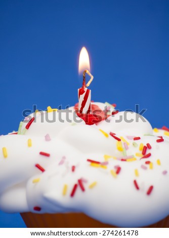 Birthday cupcake over blue background