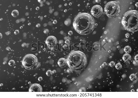 Air bubbles in a liquid. Abstract black-and-white background. Macro
