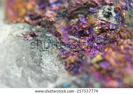 Chalcopyrite in quartz, It has the chemical formula (CuFeS2). Copper iron sulphide mineral. Macro. Beautiful fantastic background for successful business projects and other Your variant.