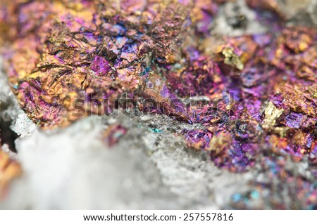 Chalcopyrite in quartz, It has the chemical formula (CuFeS2). Copper iron sulphide mineral. Macro. Beautiful fantastic background for successful business projects and other Your variant.